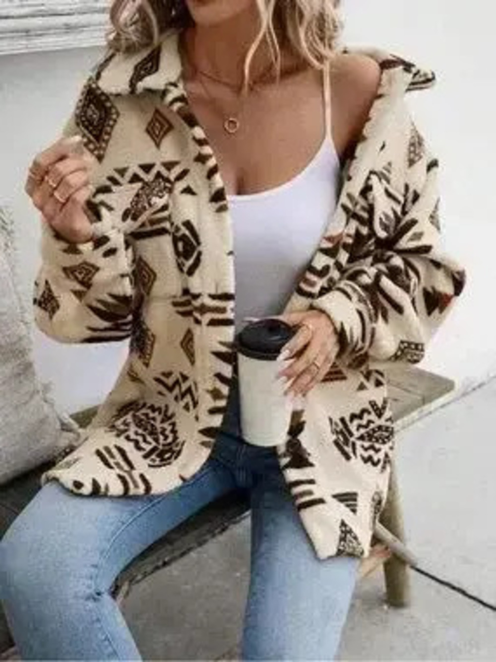 Geometric Button Up Dropped Shoulder Jacket - Picture 2 of 4